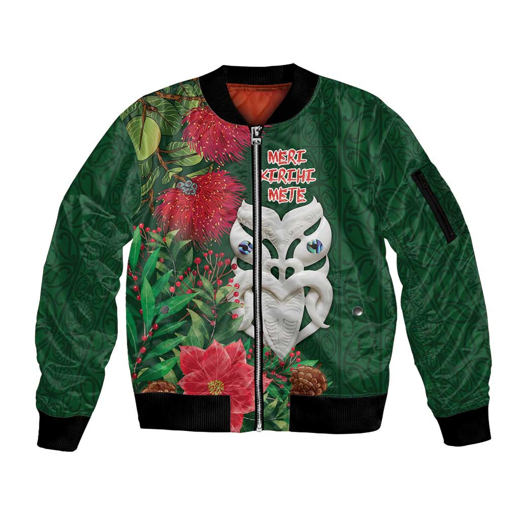 Maori Wheku Meri Kirihimete Personalised Sleeve Zip Bomber Jacket All Green Indigenous Maori Motif - Aussie Hoodie