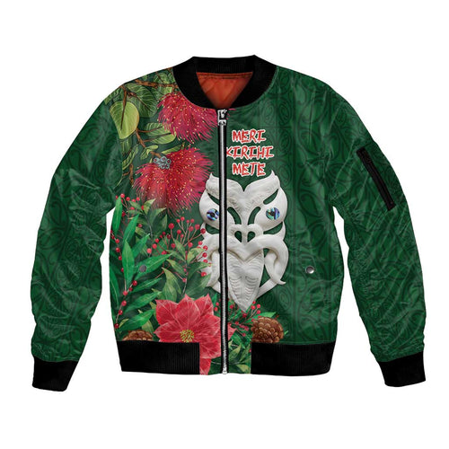 Maori Wheku Meri Kirihimete Personalised Sleeve Zip Bomber Jacket All Green Indigenous Maori Motif - Aussie Hoodie