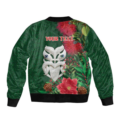 Maori Wheku Meri Kirihimete Personalised Sleeve Zip Bomber Jacket All Green Indigenous Maori Motif - Aussie Hoodie