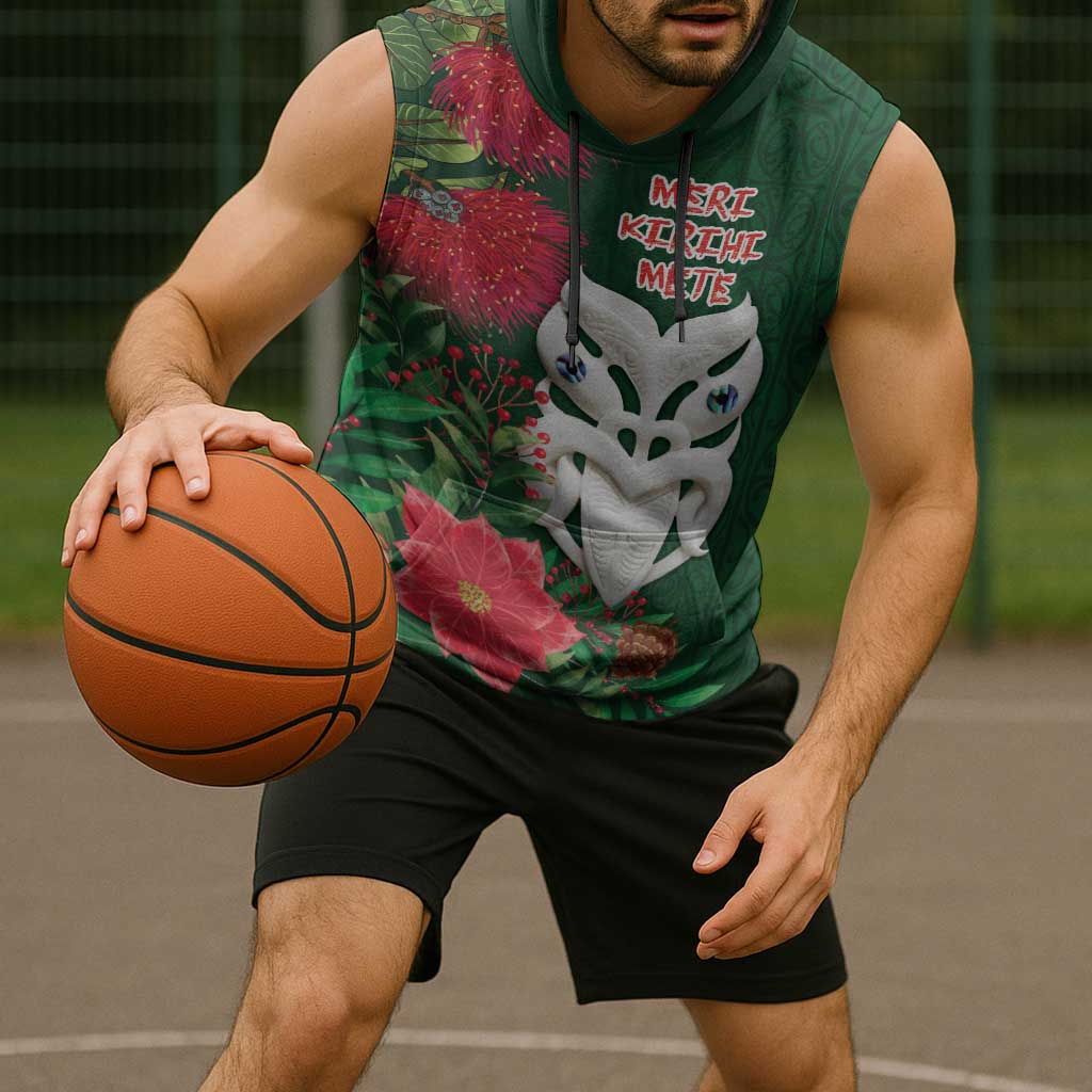 Maori Wheku Meri Kirihimete Personalised Sleeveless Hoodie All Green Indigenous Maori Motif - Aussie Hoodie
