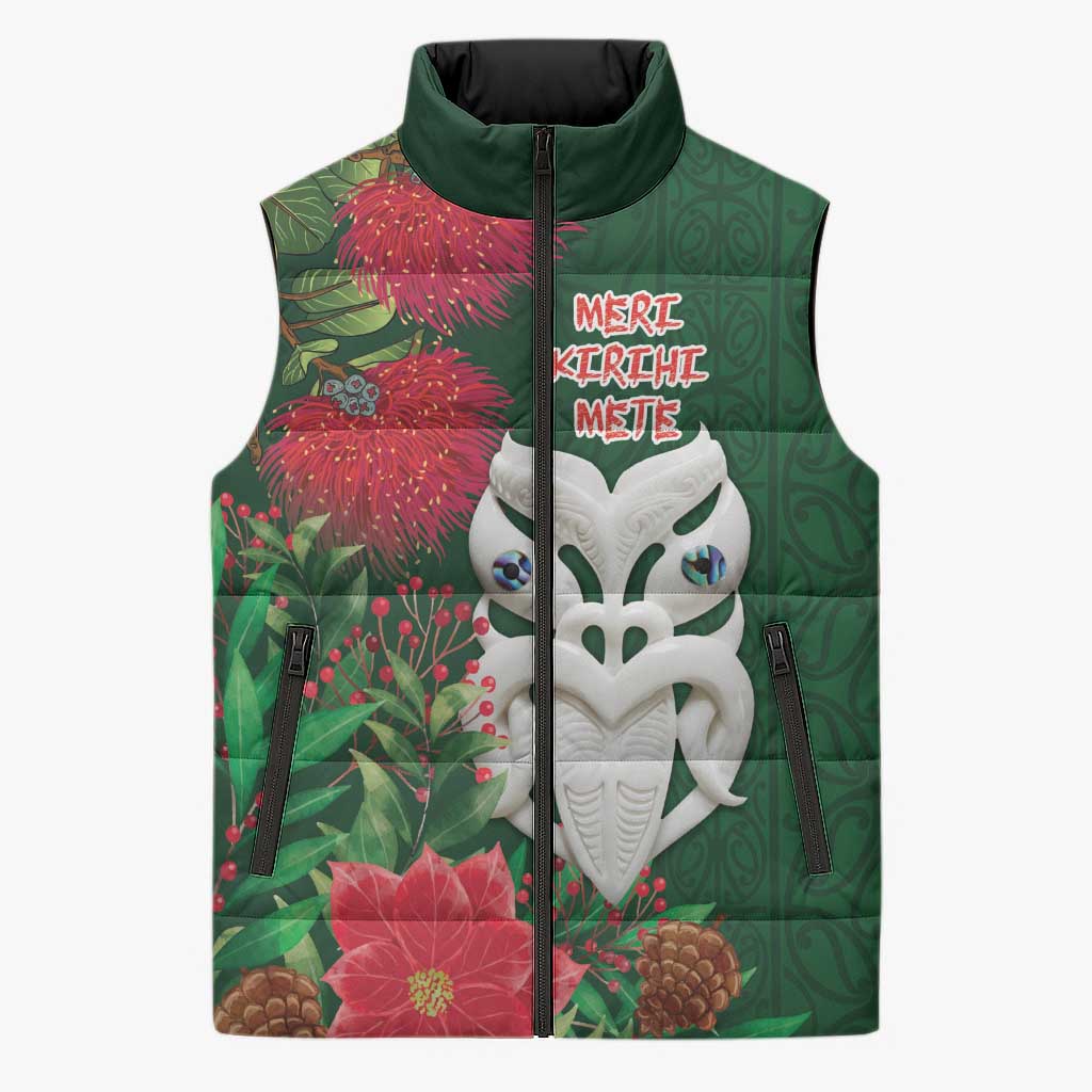 Maori Wheku Meri Kirihimete Personalised Sleeveless Puffer Jacket All Green Indigenous Maori Motif - Aussie Hoodie