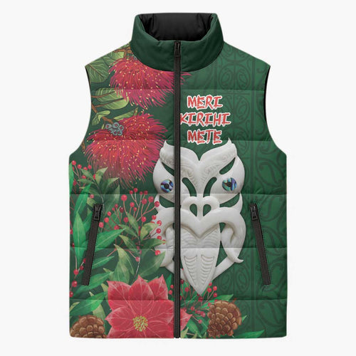 Maori Wheku Meri Kirihimete Personalised Sleeveless Puffer Jacket All Green Indigenous Maori Motif - Aussie Hoodie