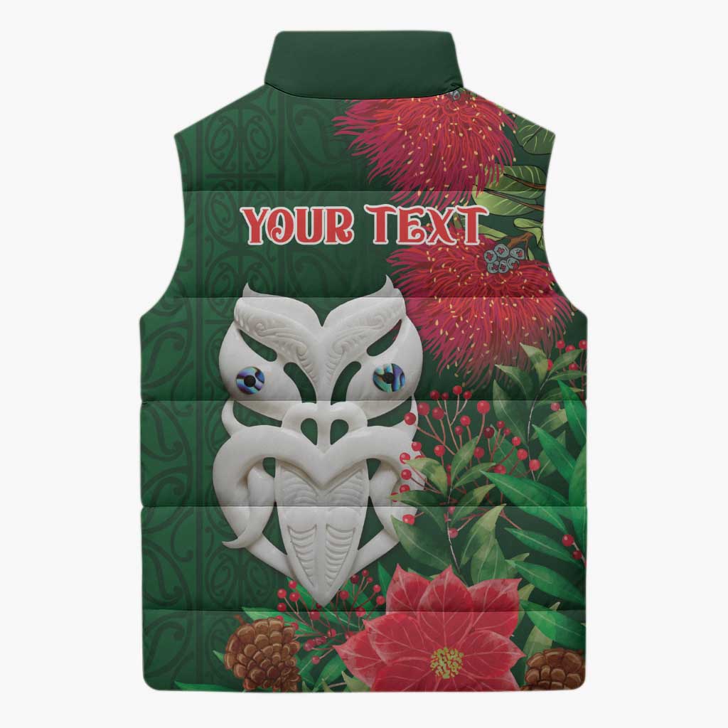 Maori Wheku Meri Kirihimete Personalised Sleeveless Puffer Jacket All Green Indigenous Maori Motif - Aussie Hoodie