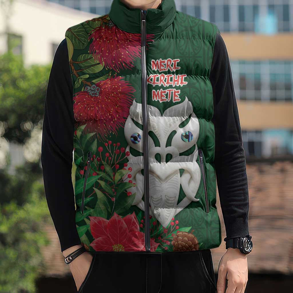 Maori Wheku Meri Kirihimete Personalised Sleeveless Puffer Jacket All Green Indigenous Maori Motif - Aussie Hoodie