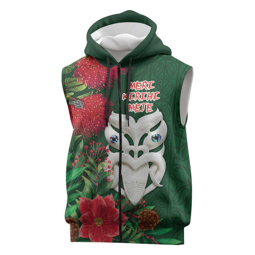 Maori Wheku Meri Kirihimete Personalised Sleeveless Zip Hoodie All Green Indigenous Maori Motif LT9