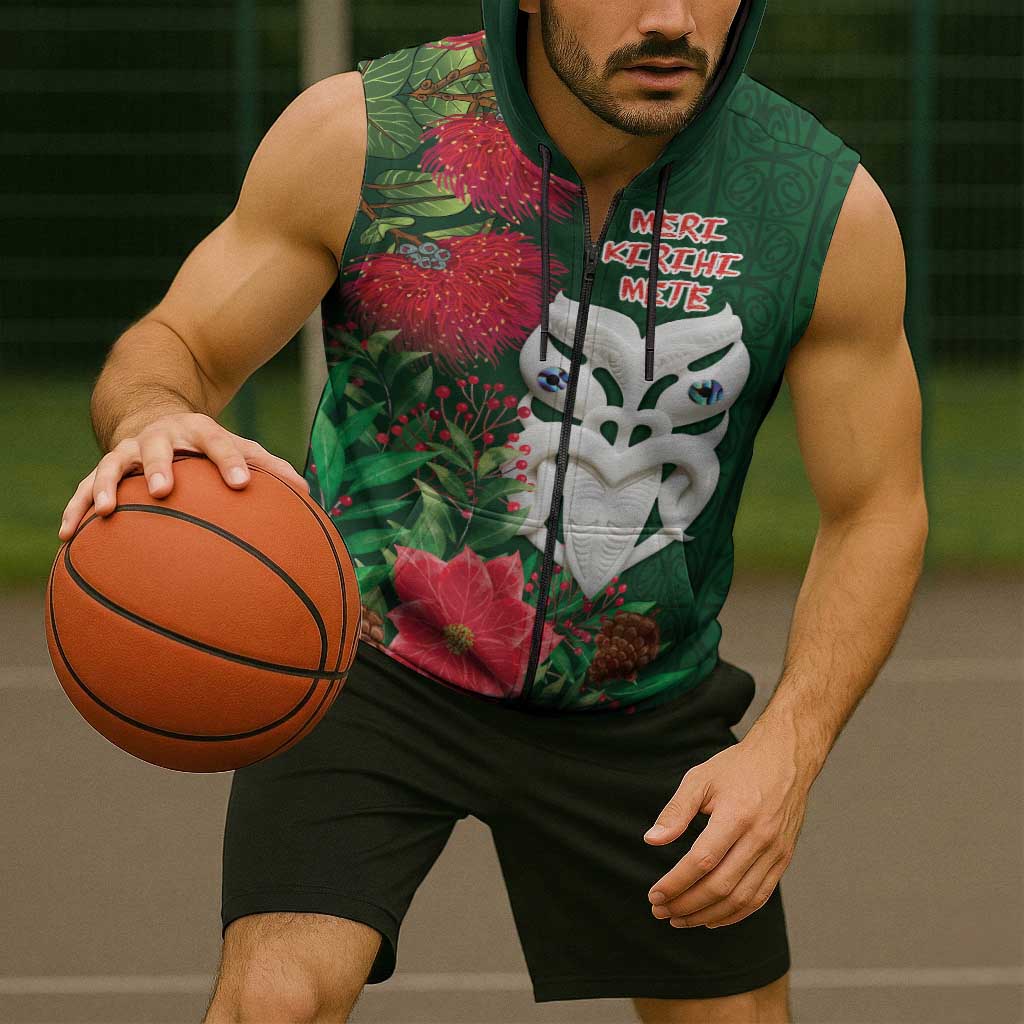 Maori Wheku Meri Kirihimete Personalised Sleeveless Zip Hoodie All Green Indigenous Maori Motif LT9