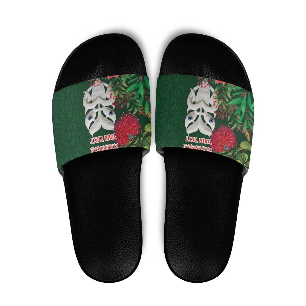 Maori Wheku Meri Kirihimete Personalised Slide Sandals All Green Indigenous Maori Motif - Aussie Hoodie