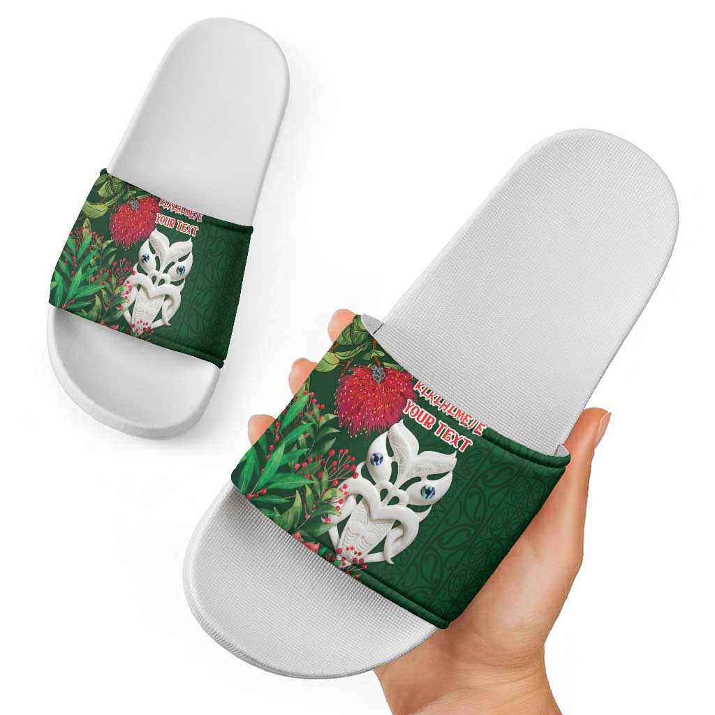 Maori Wheku Meri Kirihimete Personalised Slide Sandals All Green Indigenous Maori Motif - Aussie Hoodie
