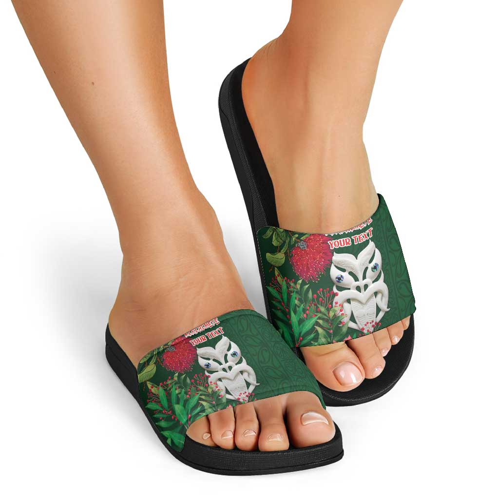 Maori Wheku Meri Kirihimete Personalised Slide Sandals All Green Indigenous Maori Motif - Aussie Hoodie