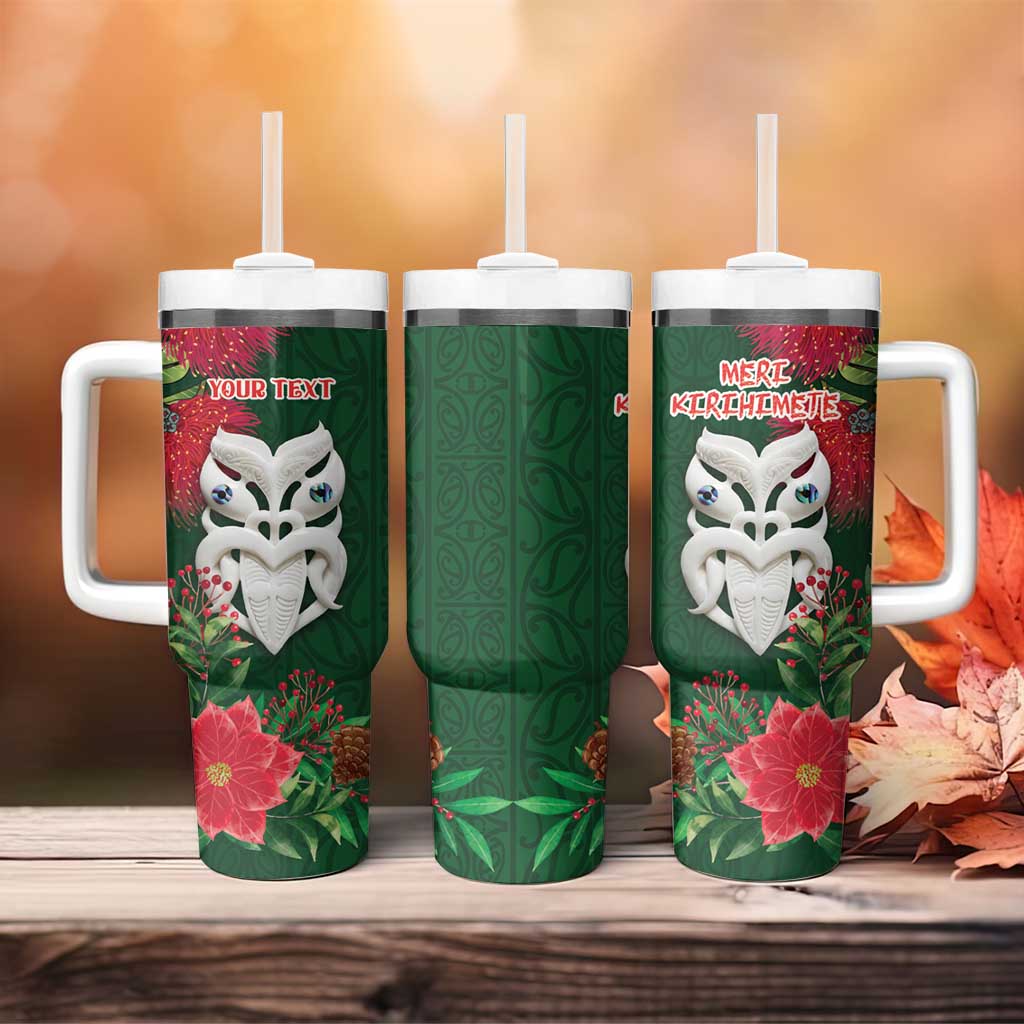 Maori Wheku Meri Kirihimete Personalised Tumbler With Handle All Green Indigenous Maori Motif - Aussie Hoodie