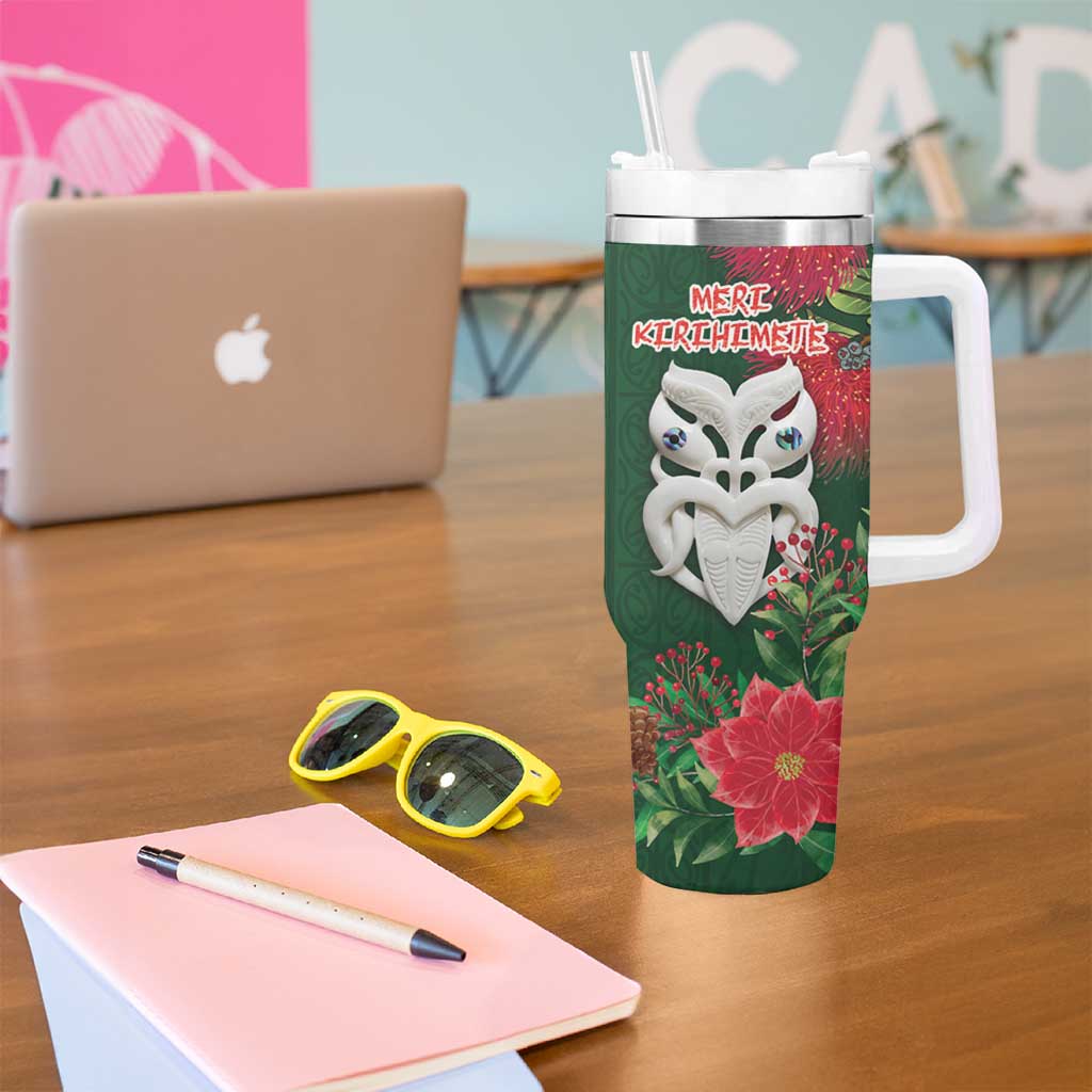 Maori Wheku Meri Kirihimete Personalised Tumbler With Handle All Green Indigenous Maori Motif - Aussie Hoodie