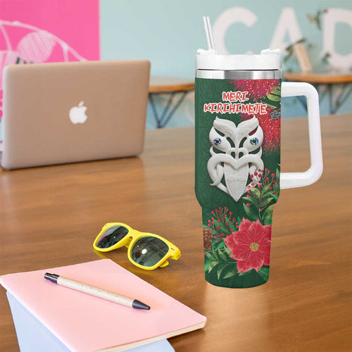 Maori Wheku Meri Kirihimete Personalised Tumbler With Handle All Green Indigenous Maori Motif - Aussie Hoodie