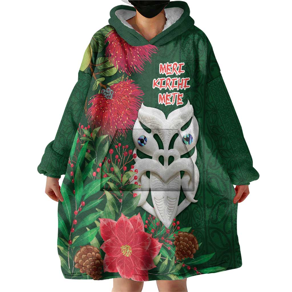 Maori Wheku Meri Kirihimete Personalised Wearable Blanket Hoodie All Green Indigenous Maori Motif - Aussie Hoodie