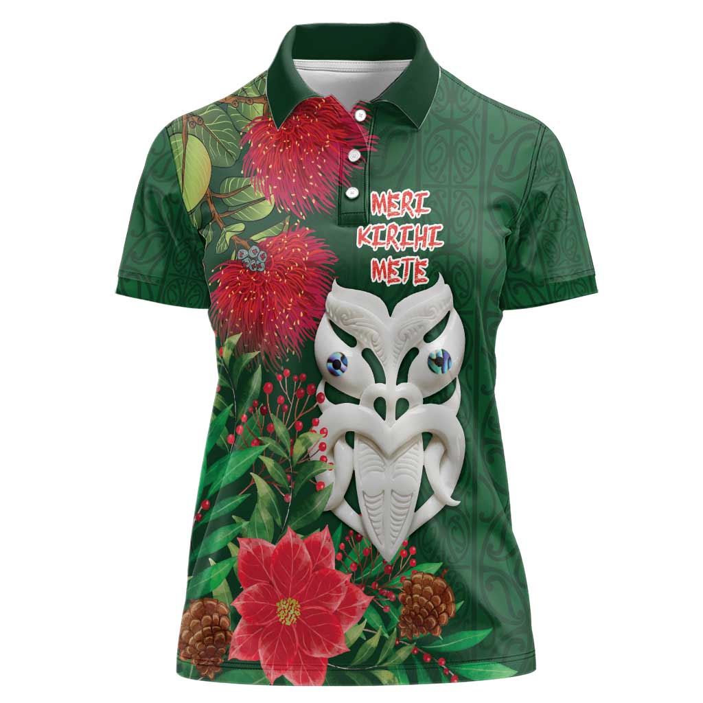 Maori Wheku Meri Kirihimete Personalised Women Polo Shirt All Green Indigenous Maori Motif - Aussie Hoodie