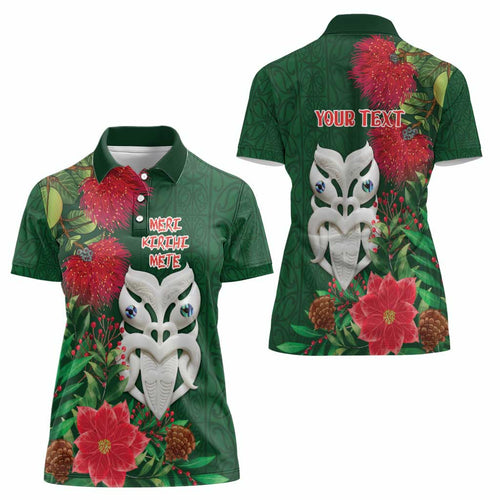 Maori Wheku Meri Kirihimete Personalised Women Polo Shirt All Green Indigenous Maori Motif - Aussie Hoodie