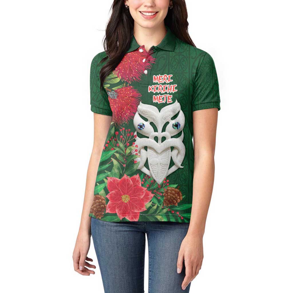 Maori Wheku Meri Kirihimete Personalised Women Polo Shirt All Green Indigenous Maori Motif - Aussie Hoodie