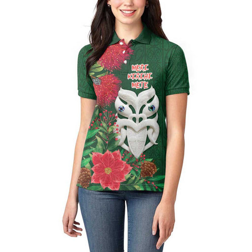 Maori Wheku Meri Kirihimete Personalised Women Polo Shirt All Green Indigenous Maori Motif - Aussie Hoodie