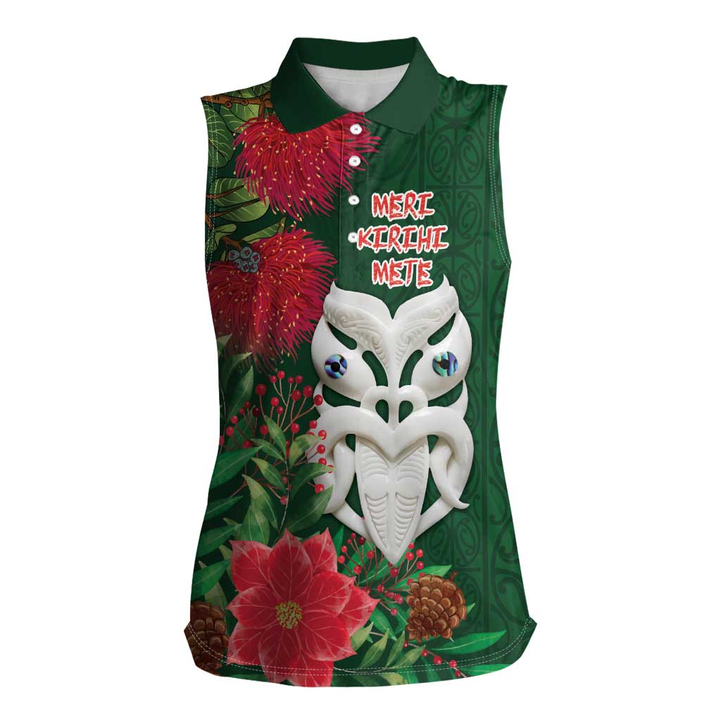 Maori Wheku Meri Kirihimete Personalised Women Sleeveless Polo Shirt All Green Indigenous Maori Motif - Aussie Hoodie
