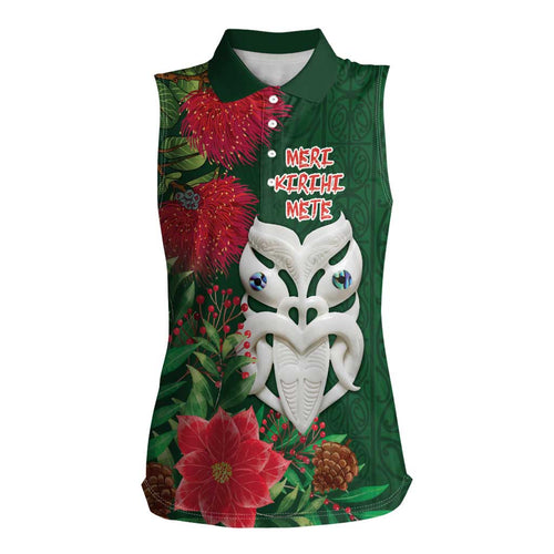 Maori Wheku Meri Kirihimete Personalised Women Sleeveless Polo Shirt All Green Indigenous Maori Motif - Aussie Hoodie