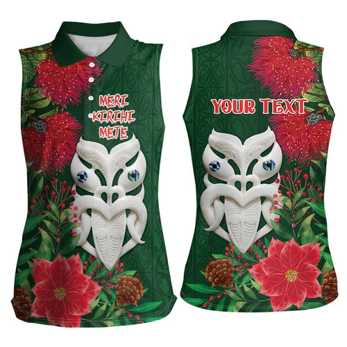 Maori Wheku Meri Kirihimete Personalised Women Sleeveless Polo Shirt All Green Indigenous Maori Motif - Aussie Hoodie