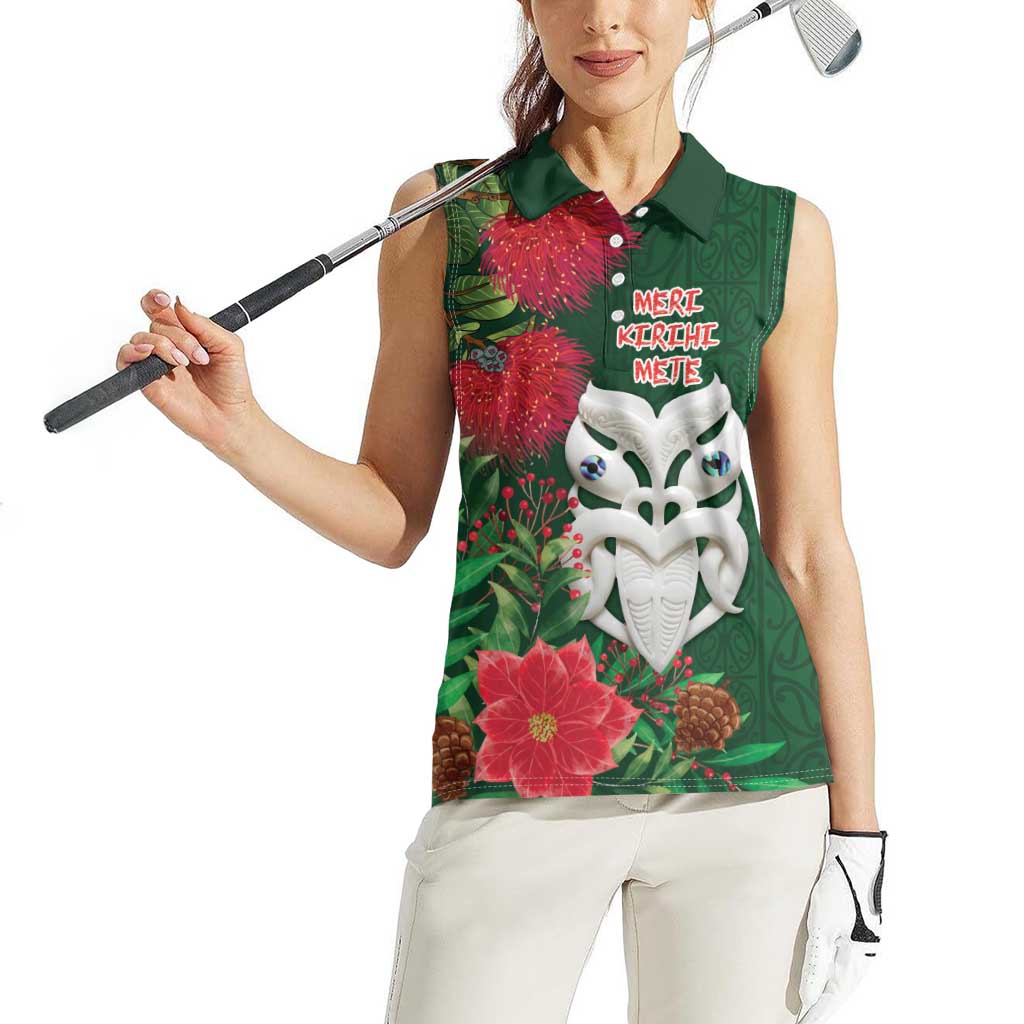 Maori Wheku Meri Kirihimete Personalised Women Sleeveless Polo Shirt All Green Indigenous Maori Motif - Aussie Hoodie