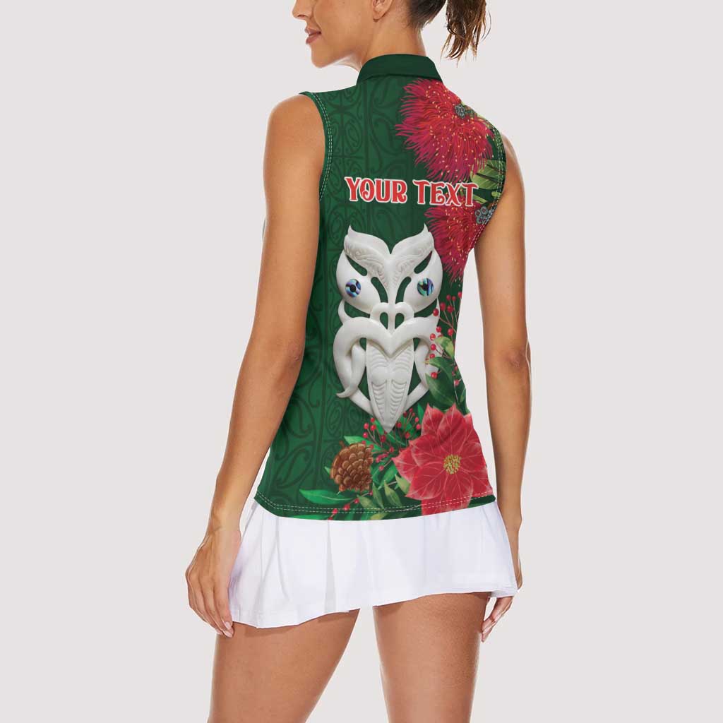 Maori Wheku Meri Kirihimete Personalised Women Sleeveless Polo Shirt All Green Indigenous Maori Motif - Aussie Hoodie