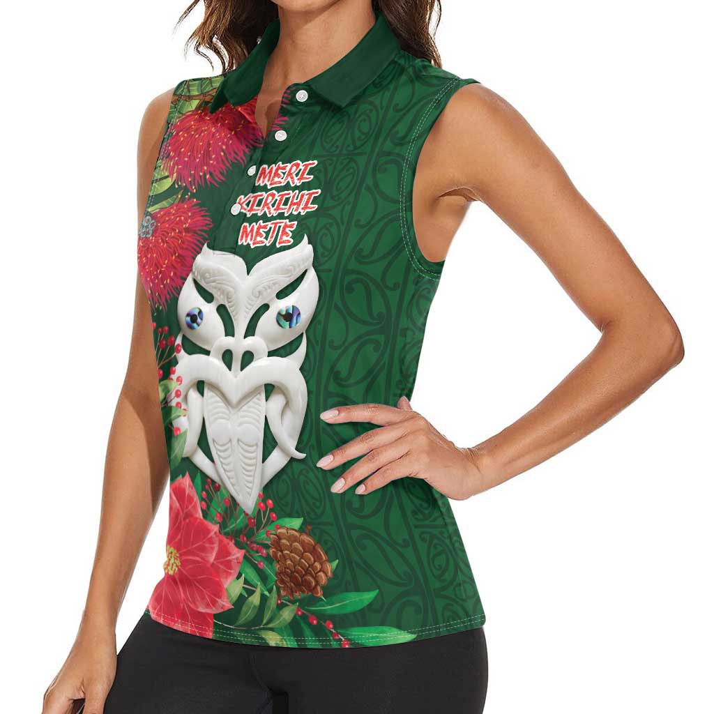 Maori Wheku Meri Kirihimete Personalised Women Sleeveless Polo Shirt All Green Indigenous Maori Motif - Aussie Hoodie