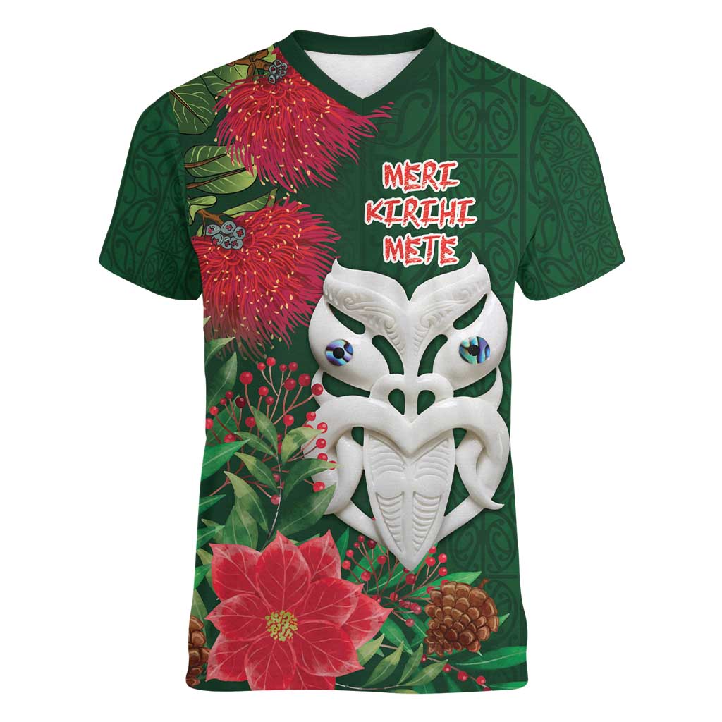 Maori Wheku Meri Kirihimete Personalised Women V-Neck T-Shirt All Green Indigenous Maori Motif - Aussie Hoodie