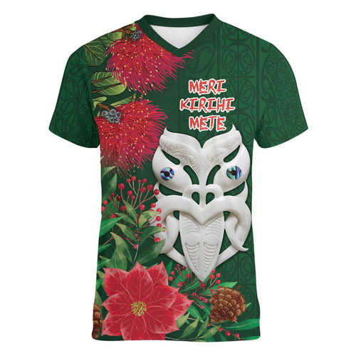Maori Wheku Meri Kirihimete Personalised Women V-Neck T-Shirt All Green Indigenous Maori Motif - Aussie Hoodie
