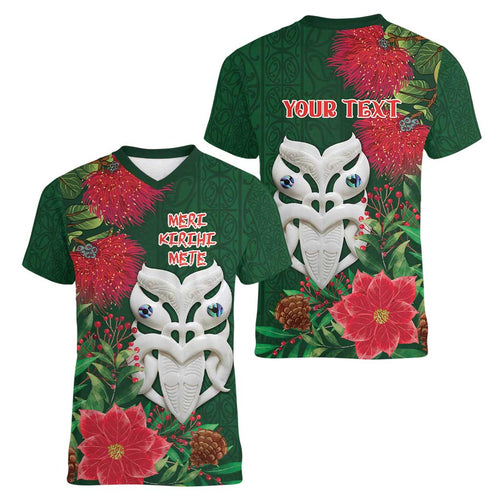 Maori Wheku Meri Kirihimete Personalised Women V-Neck T-Shirt All Green Indigenous Maori Motif - Aussie Hoodie