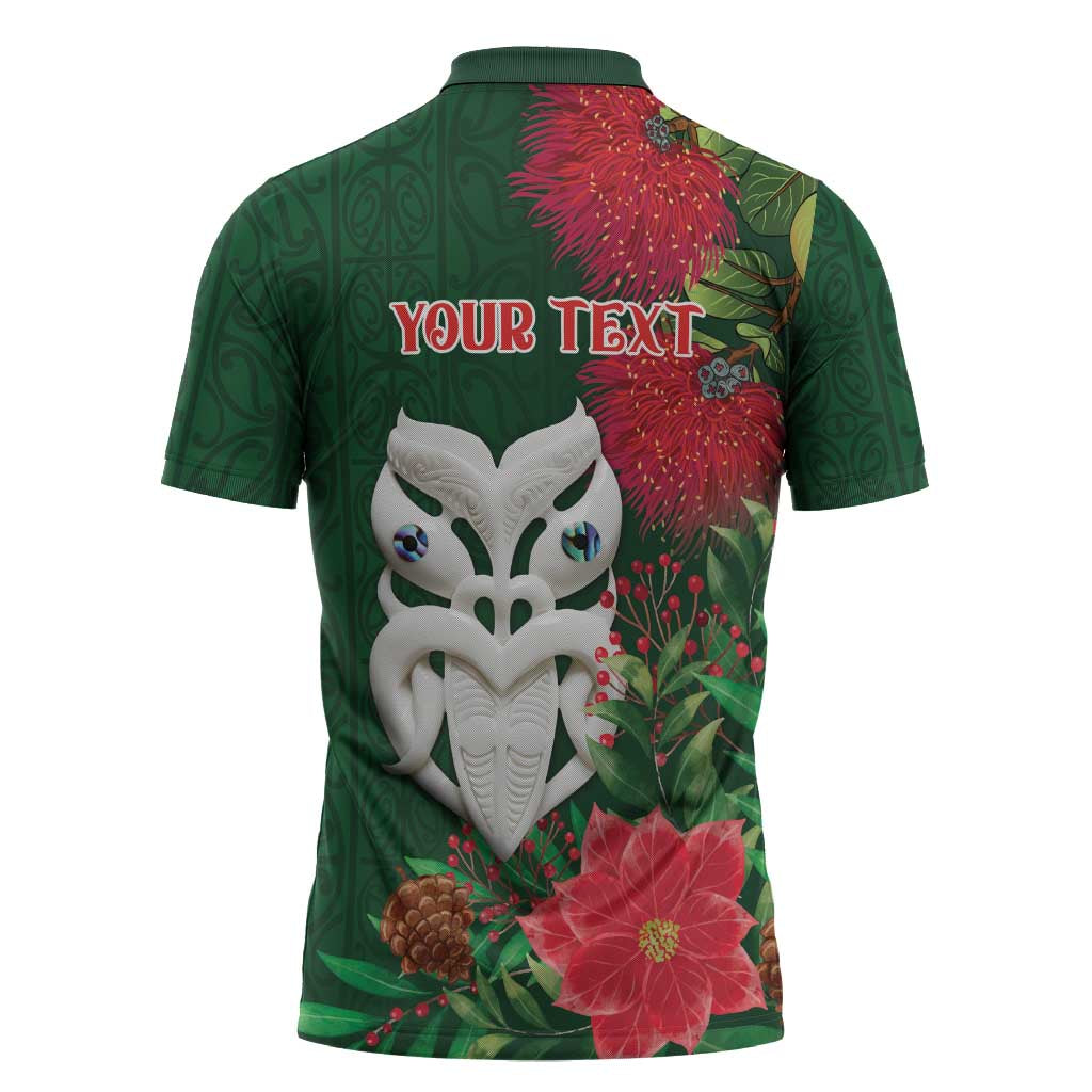 Maori Wheku Meri Kirihimete Personalised Zipper Polo Shirt All Green Indigenous Maori Motif - Aussie Hoodie
