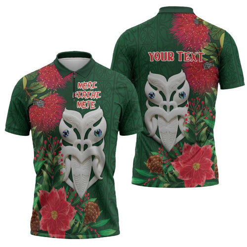 Maori Wheku Meri Kirihimete Personalised Zipper Polo Shirt All Green Indigenous Maori Motif - Aussie Hoodie