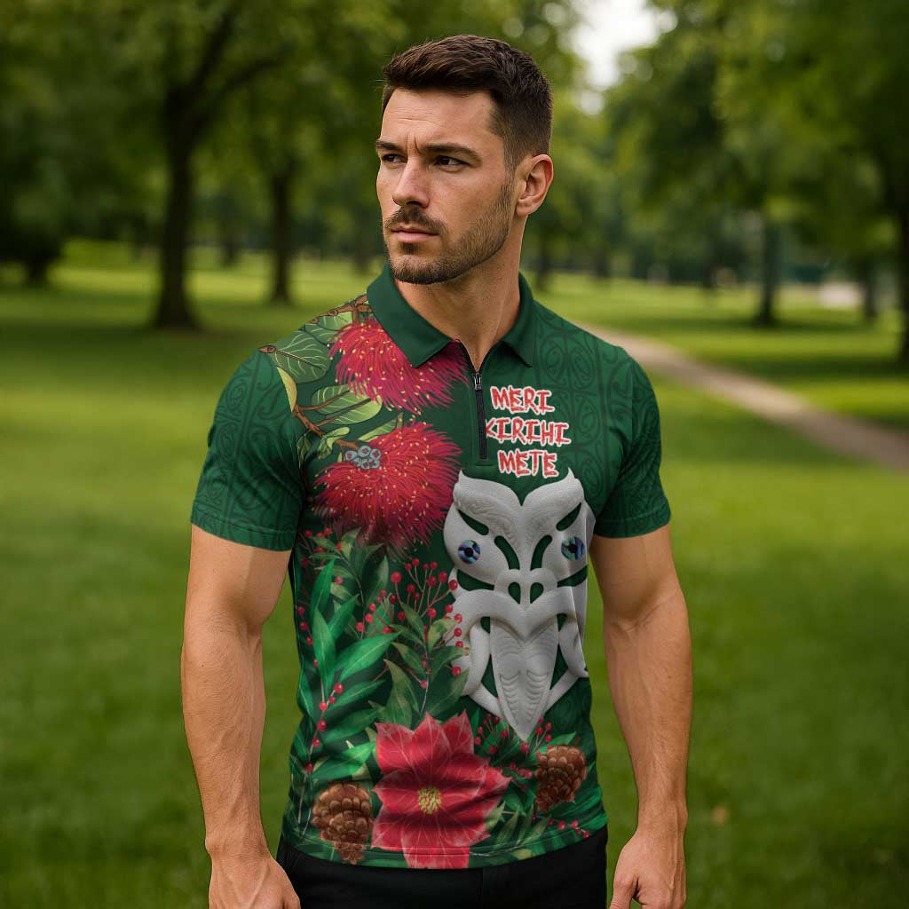 Maori Wheku Meri Kirihimete Personalised Zipper Polo Shirt All Green Indigenous Maori Motif - Aussie Hoodie