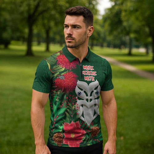 Maori Wheku Meri Kirihimete Personalised Zipper Polo Shirt All Green Indigenous Maori Motif - Aussie Hoodie