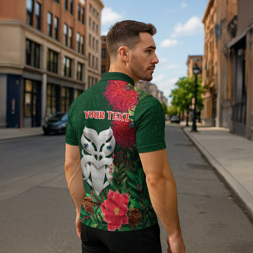 Maori Wheku Meri Kirihimete Personalised Zipper Polo Shirt All Green Indigenous Maori Motif - Aussie Hoodie
