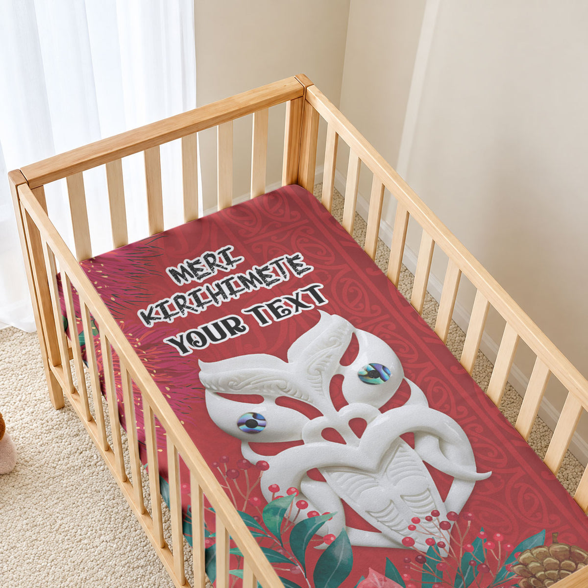 Maori Wheku Meri Kirihimete Personalised Baby Bed Cover All Red Indigenous Maori Motif
