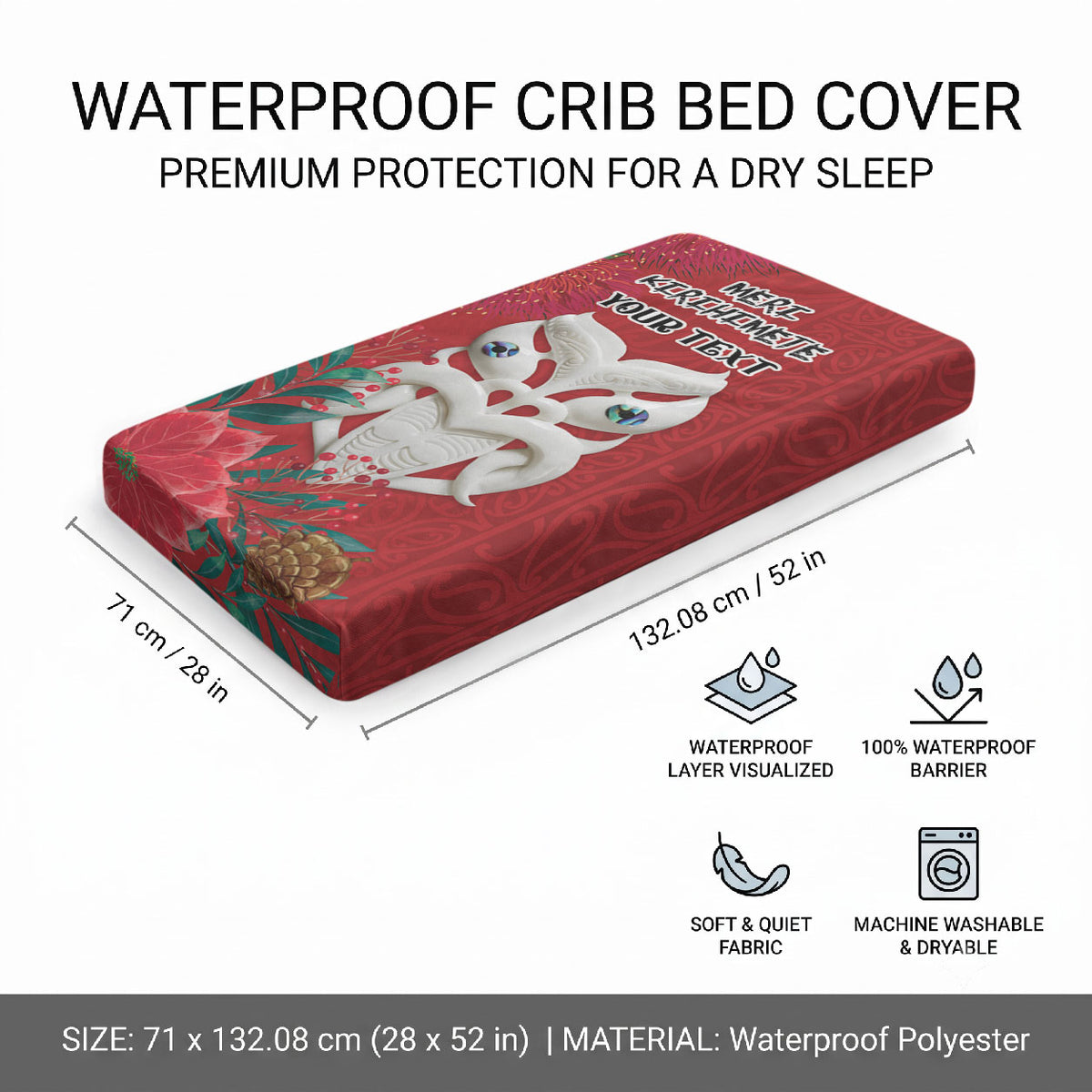 Maori Wheku Meri Kirihimete Personalised Baby Bed Cover All Red Indigenous Maori Motif