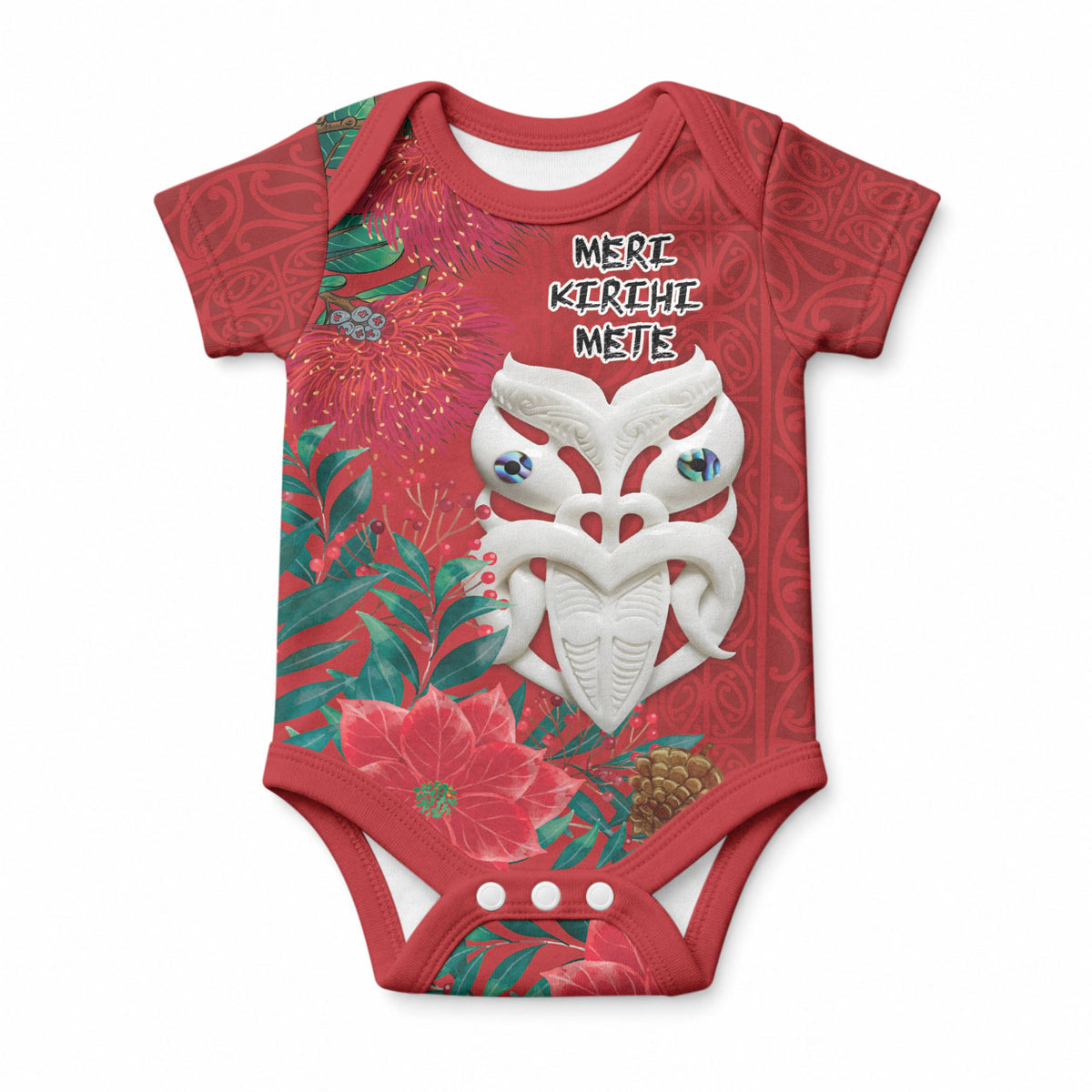 Maori Wheku Meri Kirihimete Personalised Baby Onesie All Red Indigenous Maori Motif