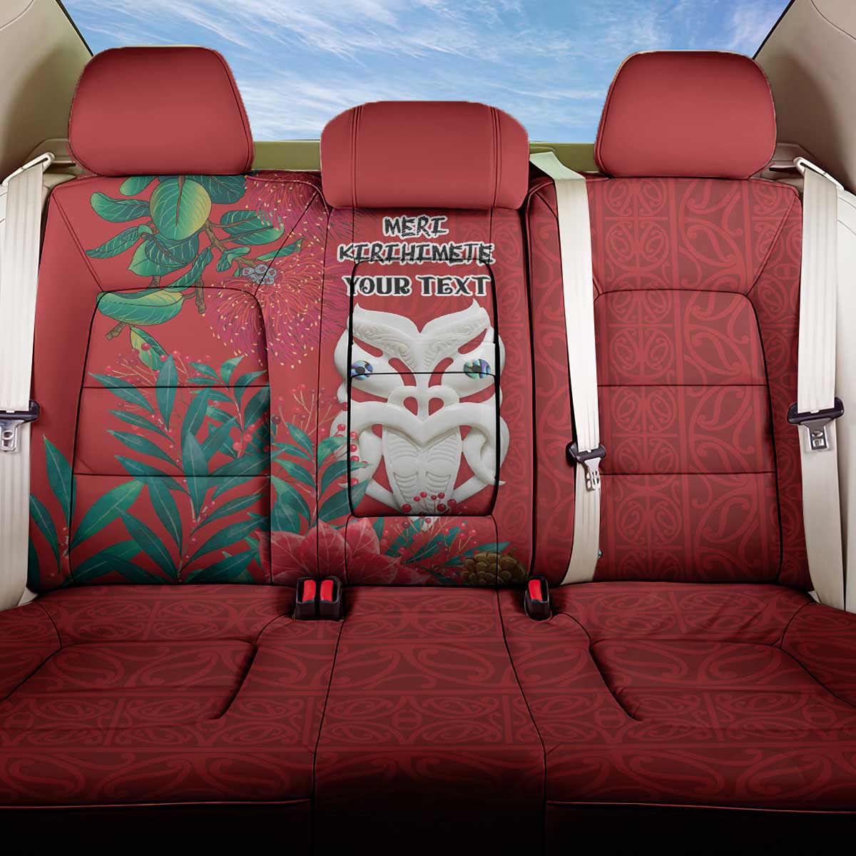 Maori Wheku Meri Kirihimete Personalised Back Car Seat Cover All Red Indigenous Maori Motif - Aussie Hoodie