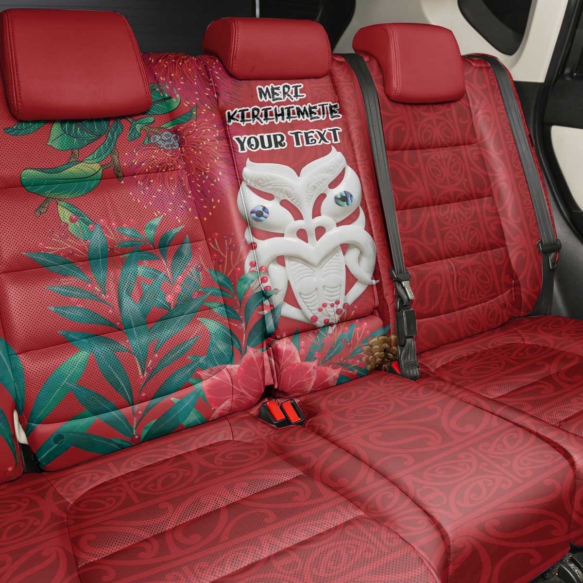 Maori Wheku Meri Kirihimete Personalised Back Car Seat Cover All Red Indigenous Maori Motif - Aussie Hoodie