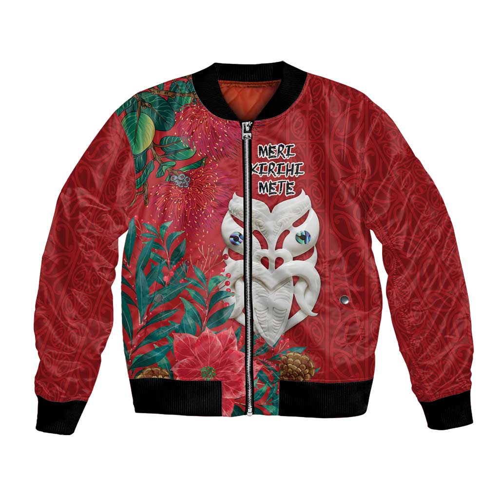 Maori Wheku Meri Kirihimete Personalised Bomber Jacket All Red Indigenous Maori Motif - Aussie Hoodie
