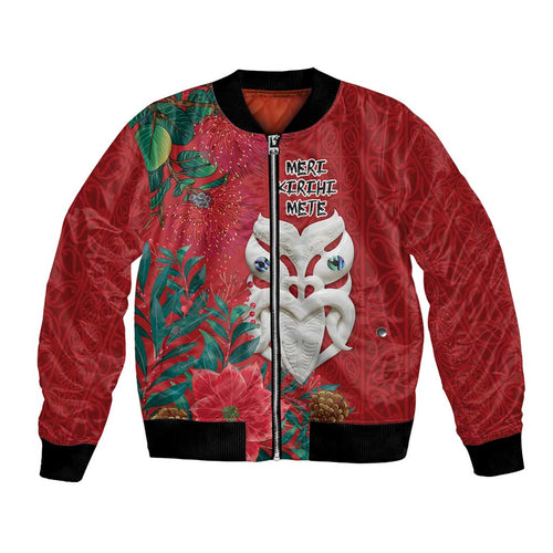 Maori Wheku Meri Kirihimete Personalised Bomber Jacket All Red Indigenous Maori Motif - Aussie Hoodie