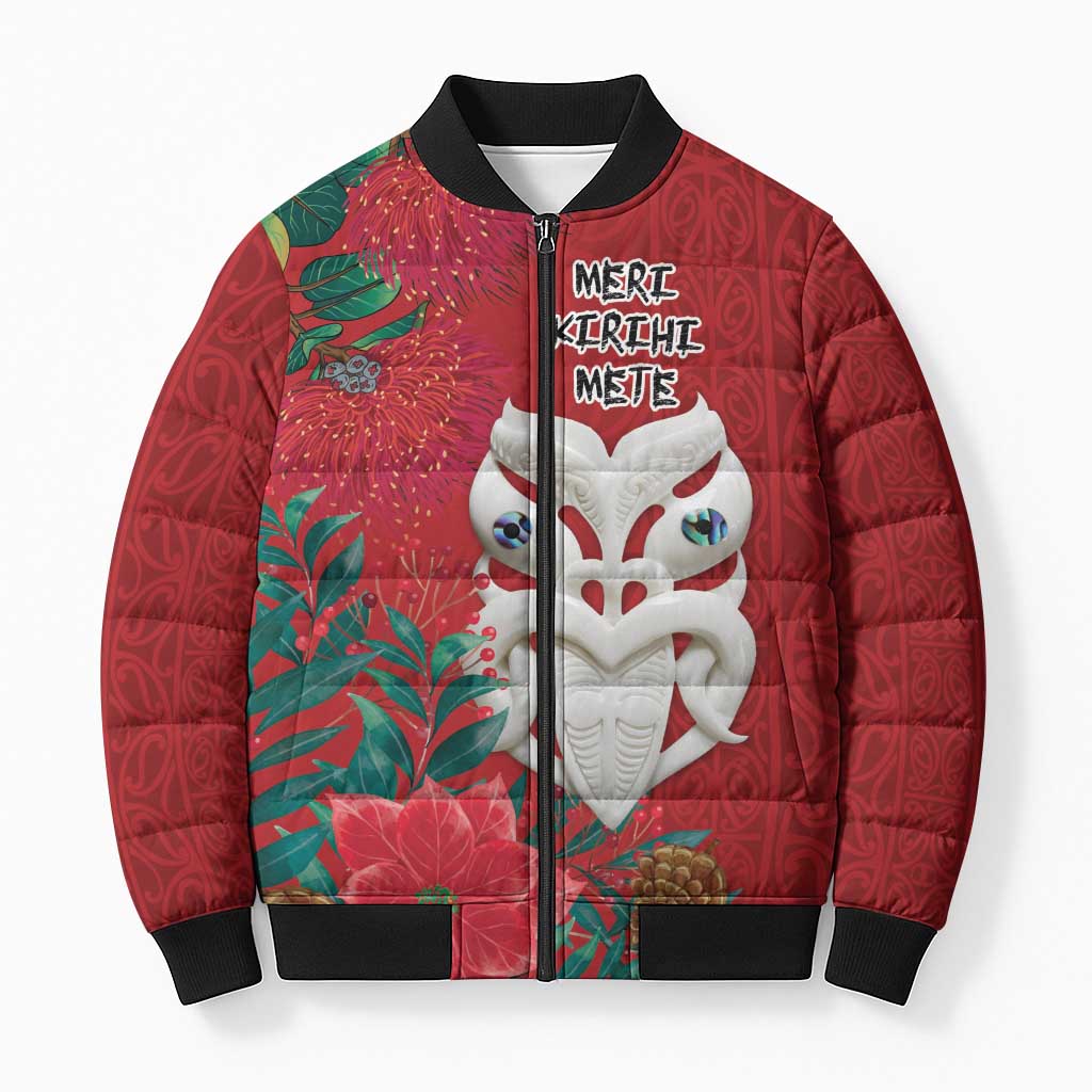Maori Wheku Meri Kirihimete Personalised Bomber Puffer Jacket All Red Indigenous Maori Motif - Aussie Hoodie