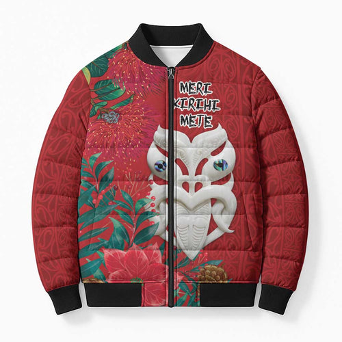 Maori Wheku Meri Kirihimete Personalised Bomber Puffer Jacket All Red Indigenous Maori Motif - Aussie Hoodie