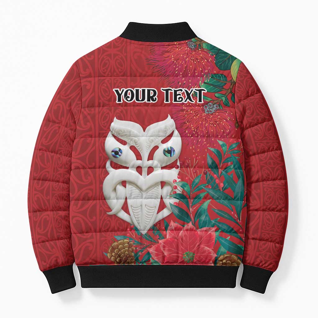 Maori Wheku Meri Kirihimete Personalised Bomber Puffer Jacket All Red Indigenous Maori Motif - Aussie Hoodie