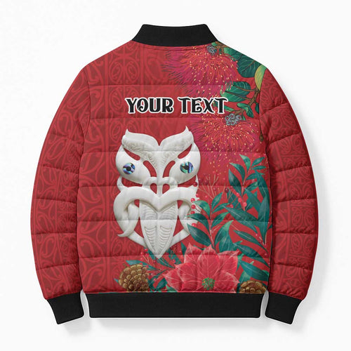 Maori Wheku Meri Kirihimete Personalised Bomber Puffer Jacket All Red Indigenous Maori Motif - Aussie Hoodie