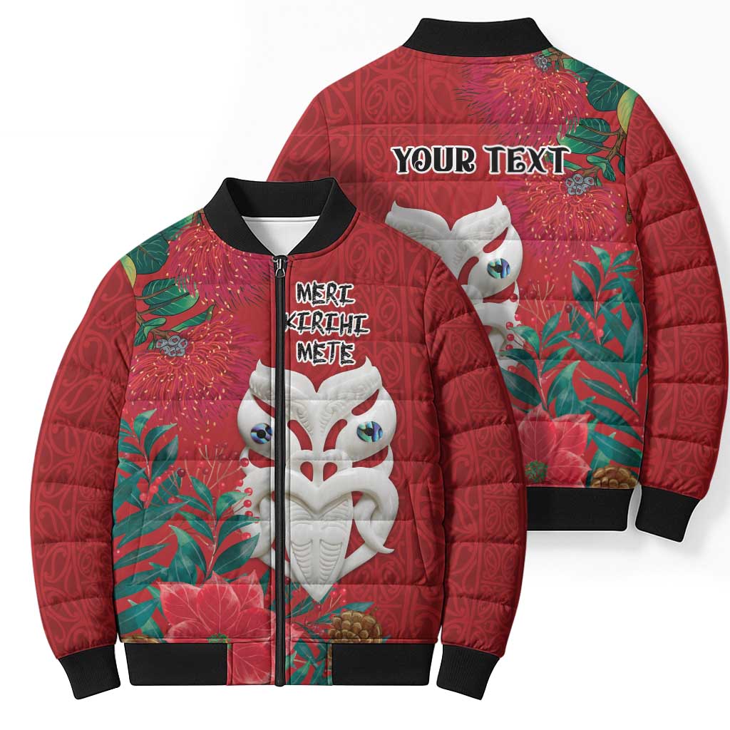 Maori Wheku Meri Kirihimete Personalised Bomber Puffer Jacket All Red Indigenous Maori Motif - Aussie Hoodie