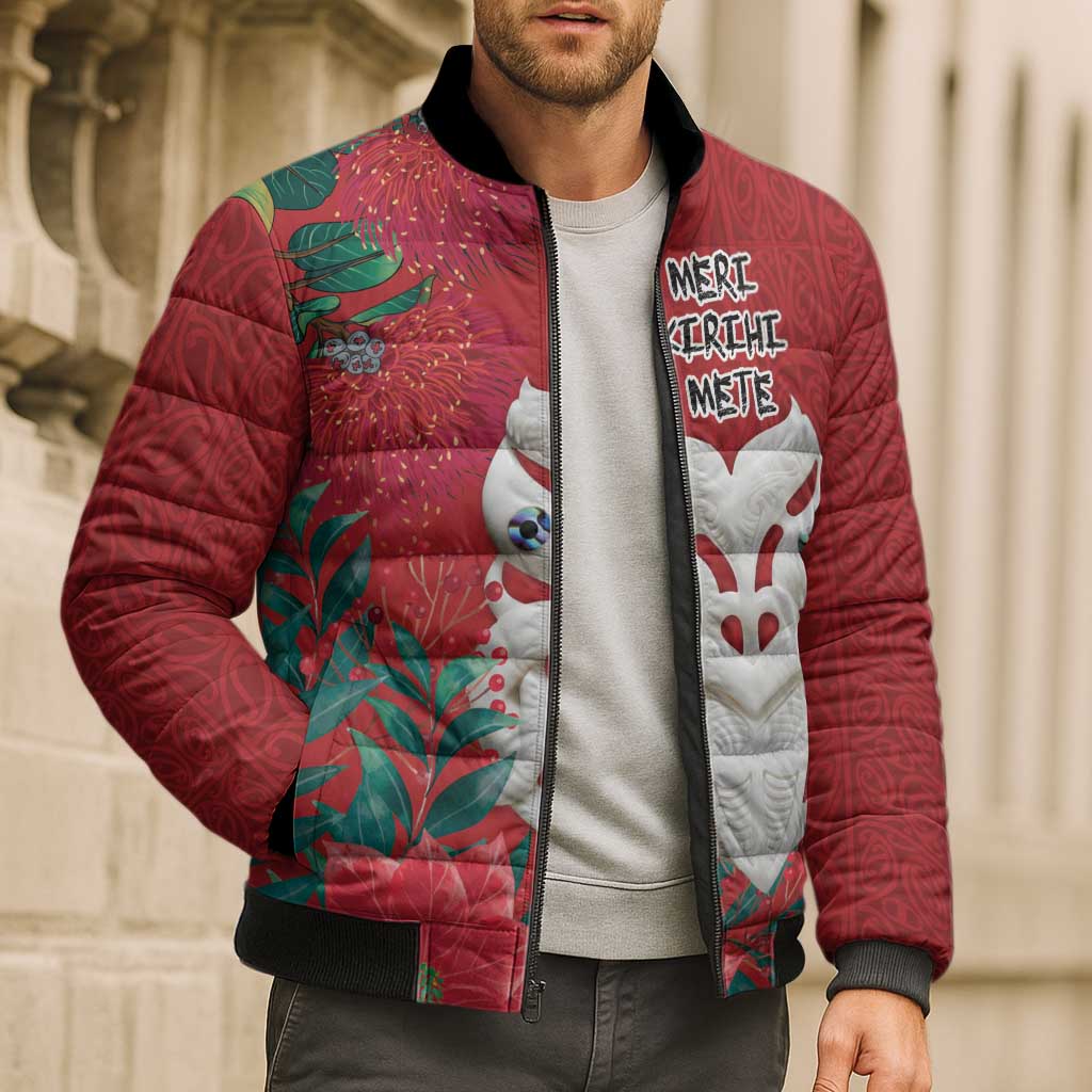 Maori Wheku Meri Kirihimete Personalised Bomber Puffer Jacket All Red Indigenous Maori Motif - Aussie Hoodie