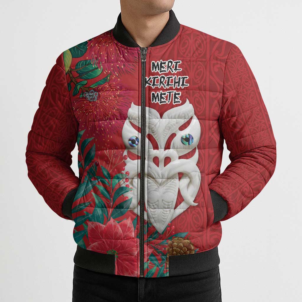 Maori Wheku Meri Kirihimete Personalised Bomber Puffer Jacket All Red Indigenous Maori Motif - Aussie Hoodie