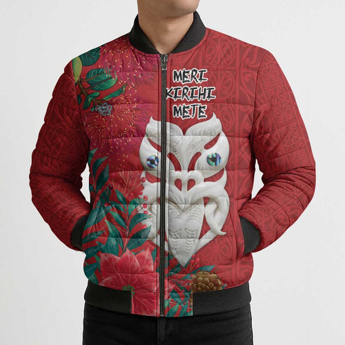 Maori Wheku Meri Kirihimete Personalised Bomber Puffer Jacket All Red Indigenous Maori Motif - Aussie Hoodie